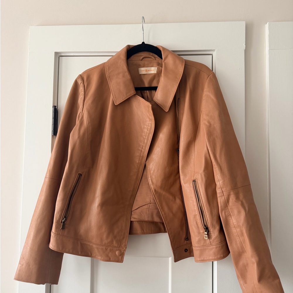 Tory Burch Waxed Leather Asymmetric Jacket Gazelle size 14